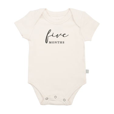 Charcoal graphic bodysuit for five months milestone, perfect for baby’s short sleeve wardrobe.