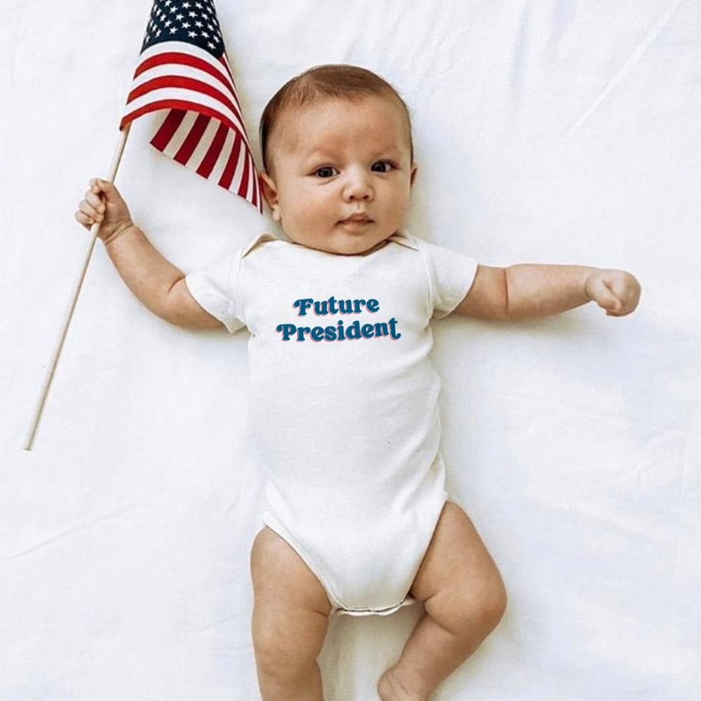 "Graphic short sleeve bodysuit for babies, featuring 'Future President' design."