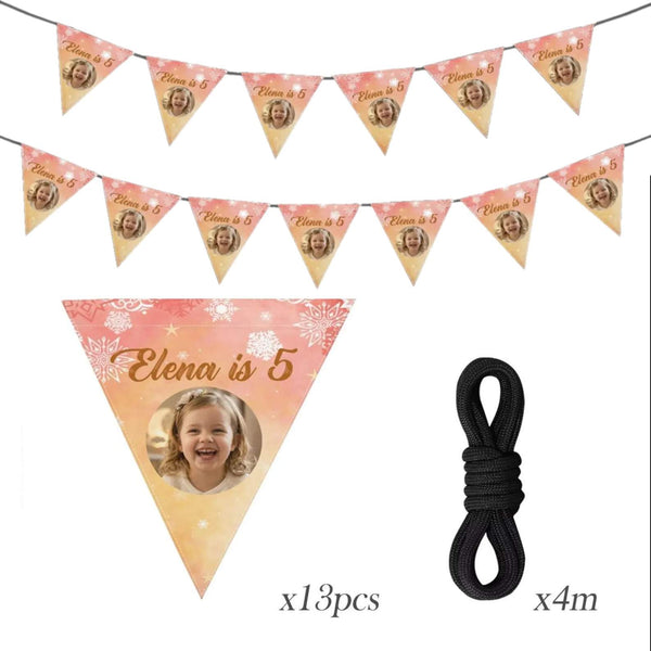 Personalized Photo Birthday Flag Banner – Custom Name & Age for Kids, Adults & Pets - Pink Peach or Blue