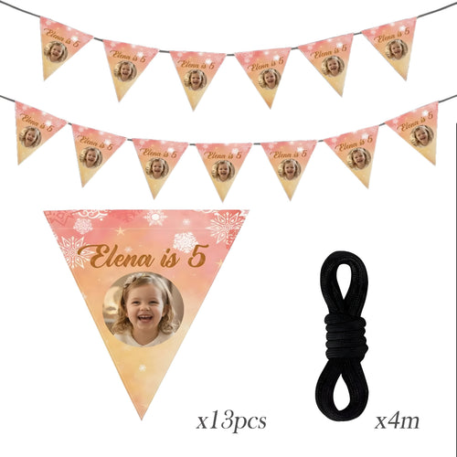 Personalized Photo Birthday Flag Banner – Custom Name & Age for Kids, Adults & Pets - Pink Peach or Blue