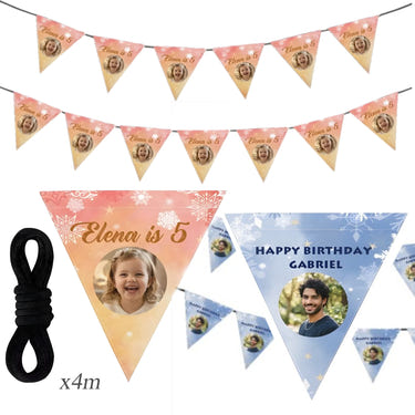 Personalized Photo Birthday Flag Banner – Custom Name & Age for Kids, Adults & Pets - Pink Peach or Blue