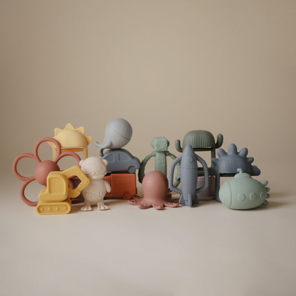 Colorful Robot Rattle Teether for babies, designed for soothing gums and engaging playtime.