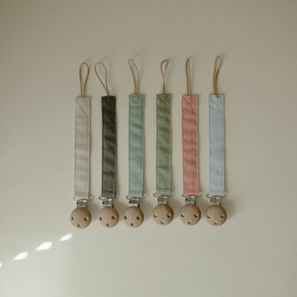 Mushie Linen Pacifier Clip 2-Pack linen clips faux wood clasp