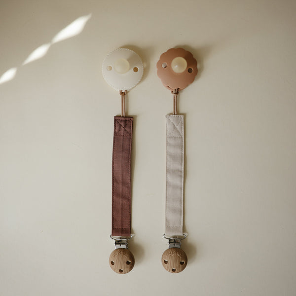 Mushie Linen Pacifier Clip 2-Pack linen clips faux wood clasp