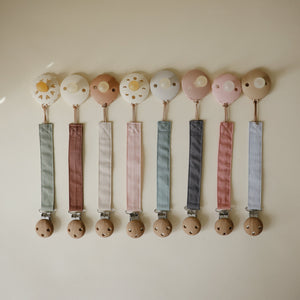 Mushie Linen Pacifier Clip 2-Pack linen clips faux wood clasp