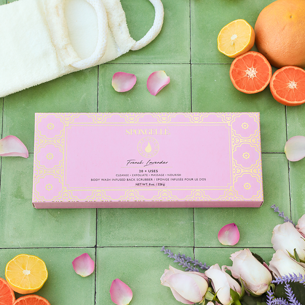 French Lavender Body Wash Infused Back Buffer for gentle cleansing and exfoliation in a soothing bath experience.