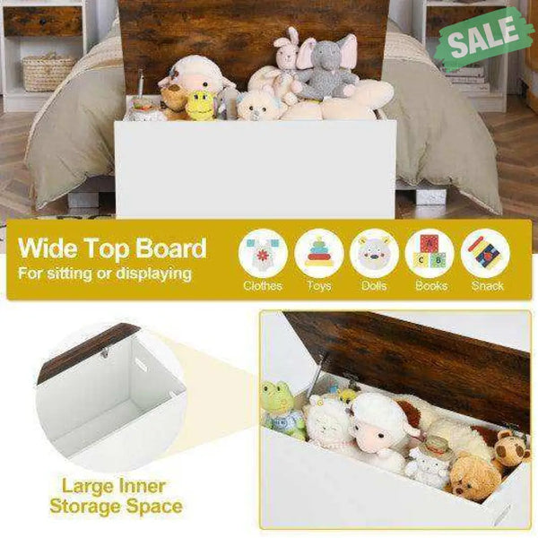 Flip-top Storage Chest with Self-hold Cover and Pneumatic Rod-White Kids Storage