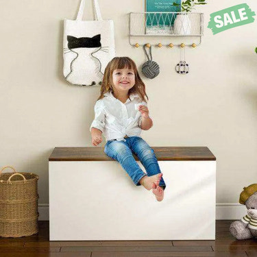 Flip-top Storage Chest with Self-hold Cover and Pneumatic Rod-White Kids Storage