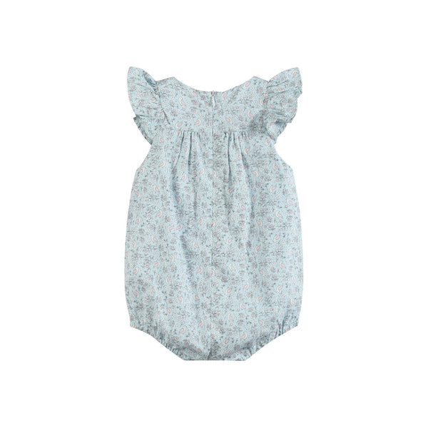 Floral Blue Dove Smocked Flutter Bubble Romper