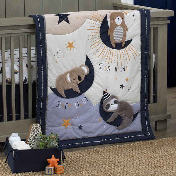 Goodnight Sleep Tight White and Blue Koala, Sloth, Bear, Star, and Moon 4 Piece Nursery Crib Bedding Set - Comforter, 100% Cotton Fitted Crib Sheet, Crib Skirt, and Storage