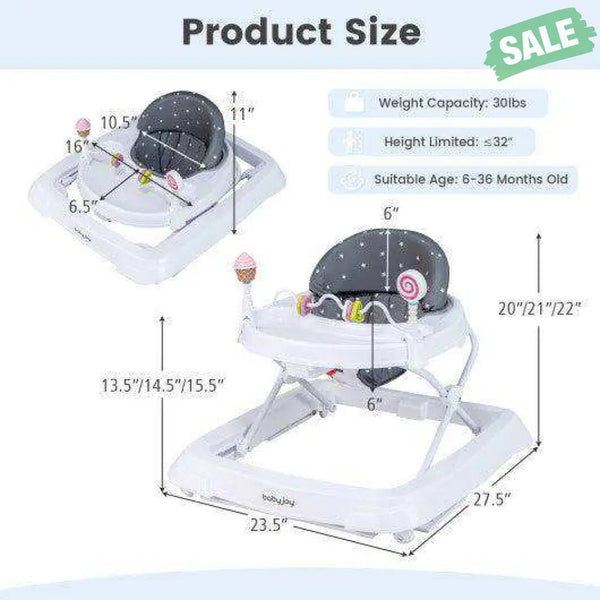 Foldable Baby Activity Walker with Adjustable Height and Detachable Seat Cushion-Gray Gray Baby Walkers