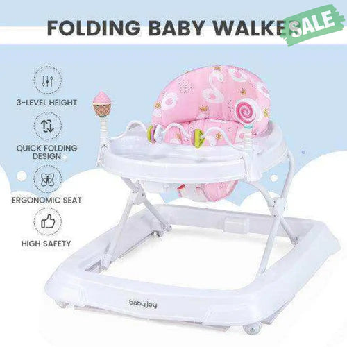 Foldable Baby Activity Walker with Adjustable Height and Detachable Seat Cushion-Pink