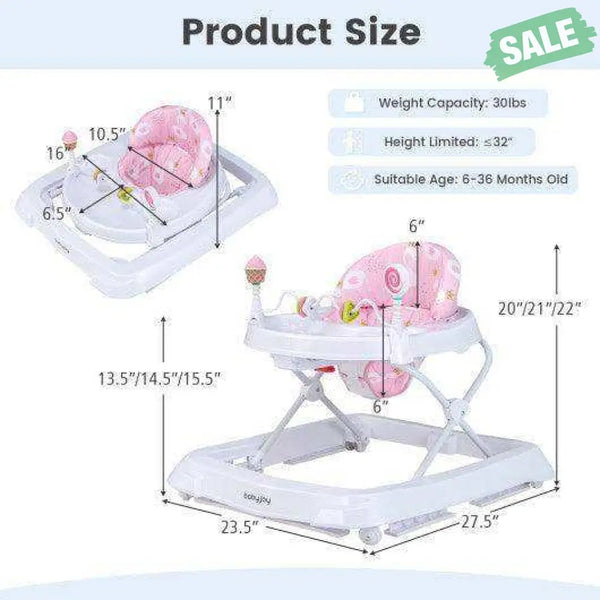 Foldable Baby Activity Walker with Adjustable Height and Detachable Seat Cushion-Pink
