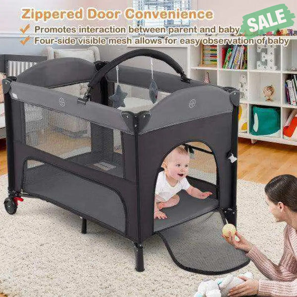 Foldable Baby Bassinet with 4 Adjustable Heights Changing Table and Mattress-Gray