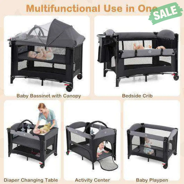 Foldable Baby Bassinet with 4 Adjustable Heights Changing Table and Mattress-Black