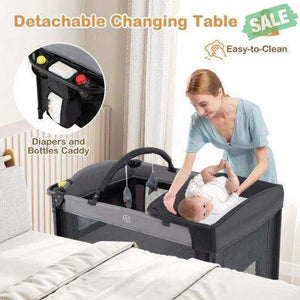 Foldable Baby Bassinet with 4 Adjustable Heights Changing Table and Mattress-Gray
