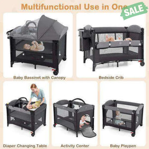 Foldable Baby Bassinet with 4 Adjustable Heights Changing Table and Mattress-Gray