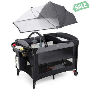 Foldable Baby Bassinet with 4 Adjustable Heights Changing Table and Mattress-Black