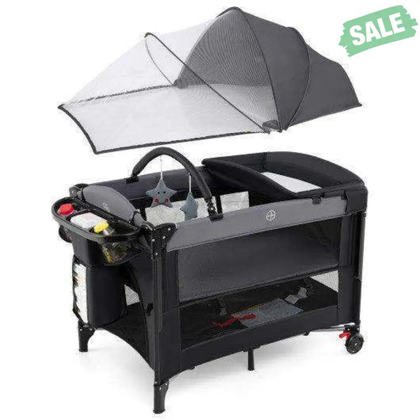 Foldable Baby Bassinet with 4 Adjustable Heights Changing Table and Mattress-Black