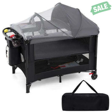 Foldable Baby Bassinet with 4 Adjustable Heights Changing Table and Mattress-Black