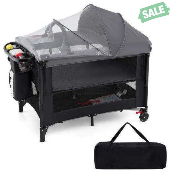 Foldable Baby Bassinet with 4 Adjustable Heights Changing Table and Mattress-Black