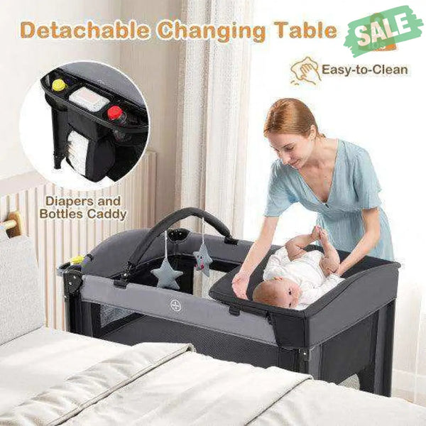 Foldable Baby Bassinet with 4 Adjustable Heights Changing Table and Mattress-Black