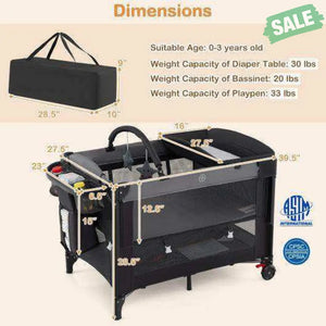 Foldable Baby Bassinet with 4 Adjustable Heights Changing Table and Mattress-Gray