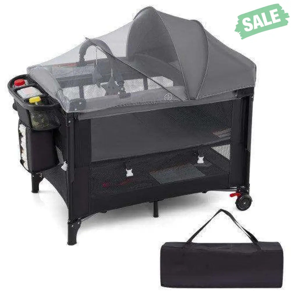 Foldable Baby Bassinet with 4 Adjustable Heights Changing Table and Mattress-Black