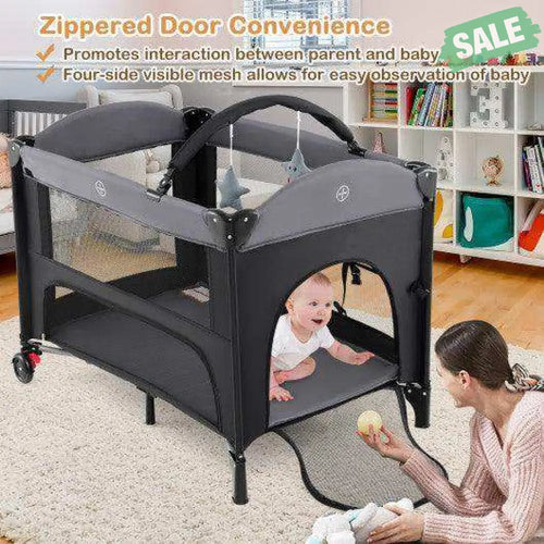 Foldable Baby Bassinet with 4 Adjustable Heights Changing Table and Mattress-Black