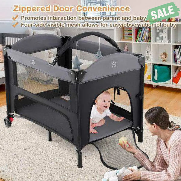 Foldable Baby Bassinet with 4 Adjustable Heights Changing Table and Mattress-Black