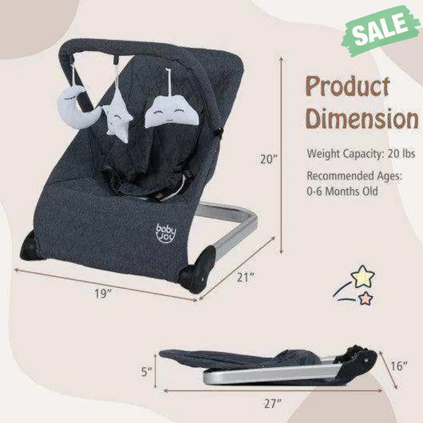 Foldable Baby Bouncer with Removable Fabric Cover and Toy Bar-Black