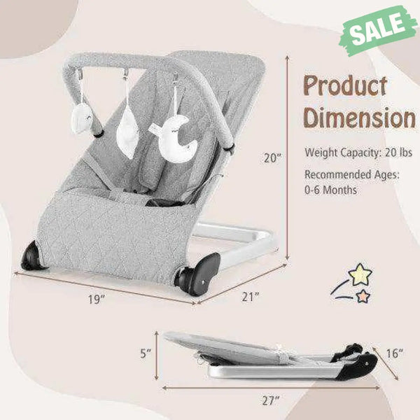 Foldable Baby Bouncer with Removable Fabric Cover and Toy Bar-Gray Gray Baby Bouncer & Rocker