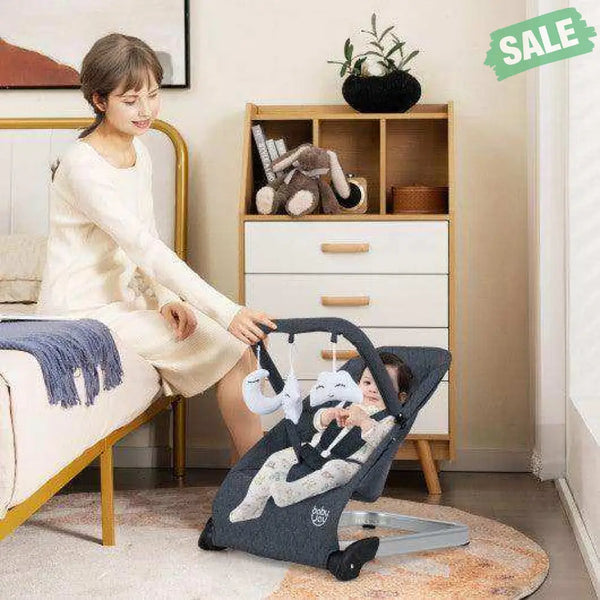 Foldable Baby Bouncer with Removable Fabric Cover and Toy Bar-Gray Gray Baby Bouncer & Rocker