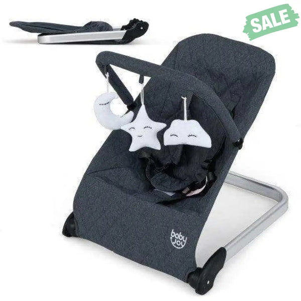 Foldable Baby Bouncer with Removable Fabric Cover and Toy Bar-Gray Gray Baby Bouncer & Rocker