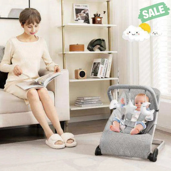 Foldable Baby Bouncer with Removable Fabric Cover and Toy Bar-Gray Gray Baby Bouncer & Rocker