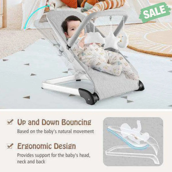 Foldable Baby Bouncer with Removable Fabric Cover and Toy Bar-Gray Gray Baby Bouncer & Rocker