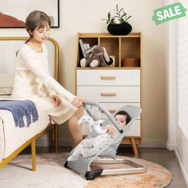 Foldable Baby Bouncer with Removable Fabric Cover and Toy Bar-Gray Gray Baby Bouncer & Rocker