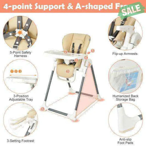 Foldable Baby High Chair with Double Removable Trays and Book Holder-Beige High Chairs