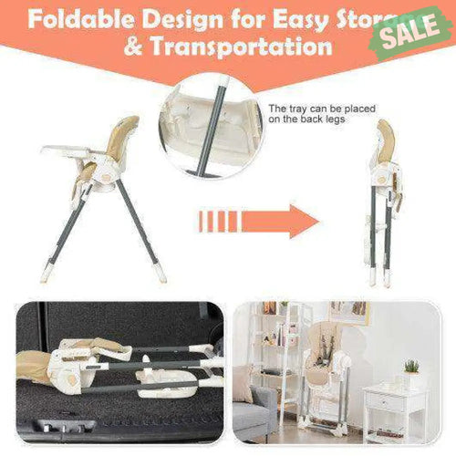 Foldable Baby High Chair with Double Removable Trays and Book Holder-Beige Beige High Chairs