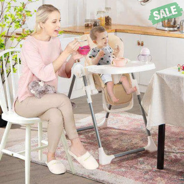 Foldable Baby High Chair with Double Removable Trays and Book Holder-Beige High Chairs