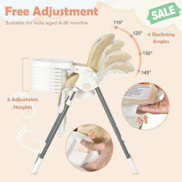 Foldable Baby High Chair with Double Removable Trays and Book Holder-Beige High Chairs