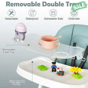 Foldable Baby High Chair with Double Removable Trays and Book Holder-Beige Green High Chairs