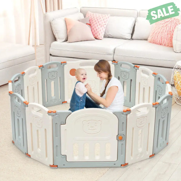 Foldable Baby Playpen 14 Panel Activity Center Safety Play Yard-Beige Baby Playpen & Playards
