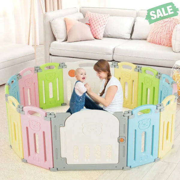 Foldable Baby Playpen 14 Panel Activity Center Safety Play Yard-Beige Multicolor Baby Playpen & Playards