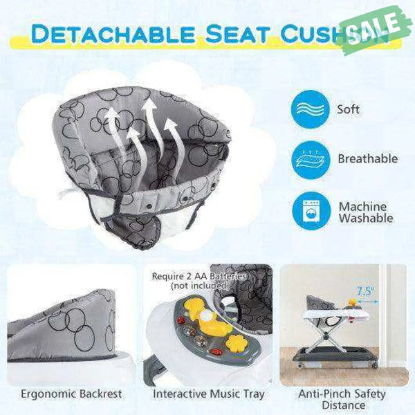 Foldable Baby Walker with 3 Adjustable Heights and Padded Seat-Blue Gray Baby Walkers