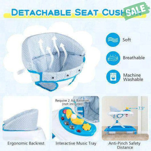 Foldable Baby Walker with 3 Adjustable Heights and Padded Seat-Blue Blue Baby Walkers