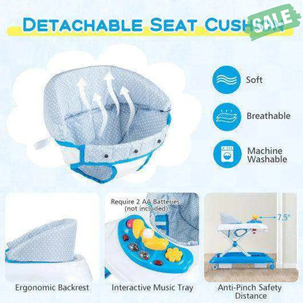 Foldable Baby Walker with 3 Adjustable Heights and Padded Seat-Blue Blue Baby Walkers