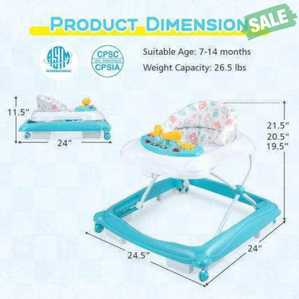 Foldable Baby Walker with 3 Adjustable Heights and Padded Seat-Blue Baby Walkers