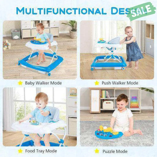 Foldable Baby Walker with 3 Adjustable Heights and Padded Seat-Blue Baby Walkers