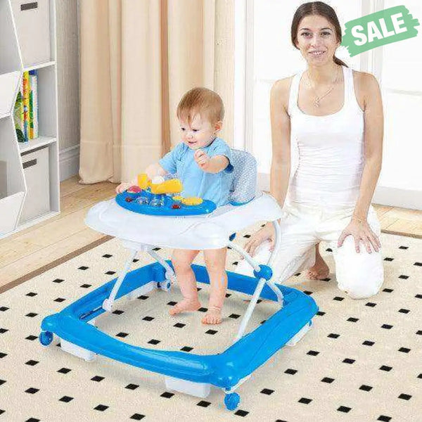 Foldable Baby Walker with 3 Adjustable Heights and Padded Seat-Blue Baby Walkers